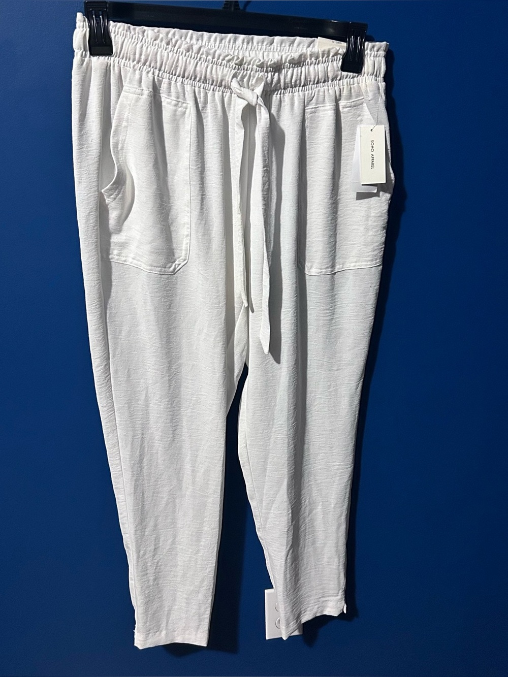 Soho Apparel NWT Womens Small White Pants Elastic Waist Drawstring Woven Pattern